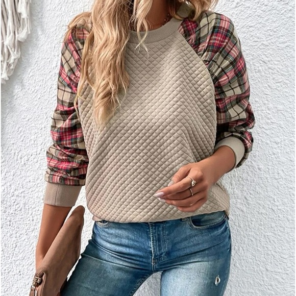 - New plaid print sleeve long sleeve sweatshirt - Picture 4 of 6